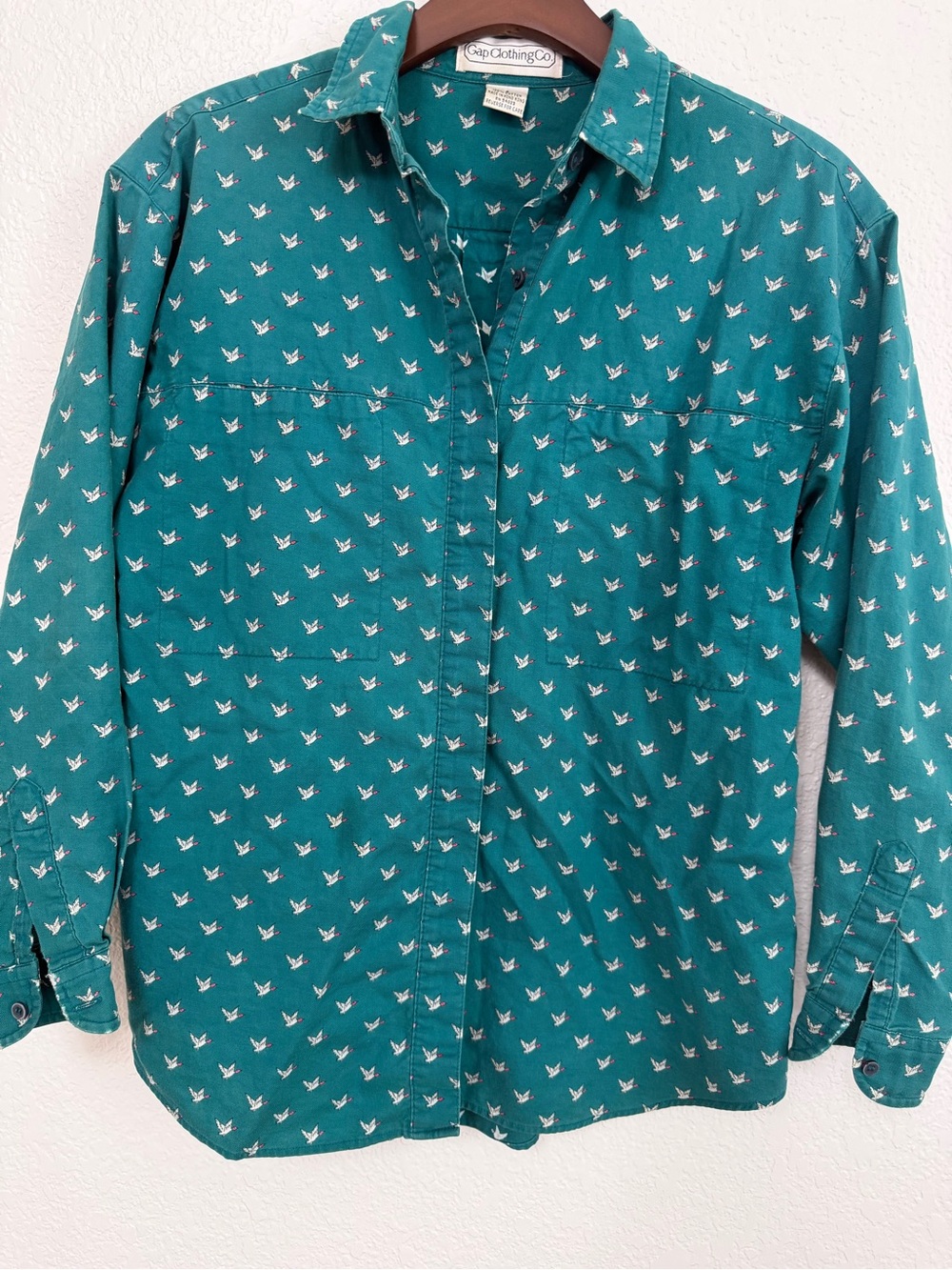 Vintage Gap Bird Print Button Front Shirt Size S Teal Cotton